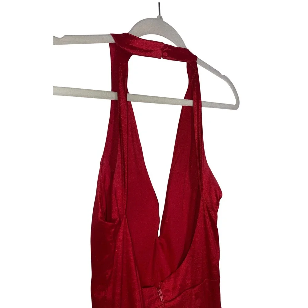 Red Halter Mermaid Formal Gown Dress V-Neck Open Back Tulle Crinoline Size M